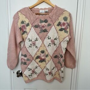 Vintage Pink Argyle Sweater Cottagecore Grandma Floral Chunky Handmade Knit M